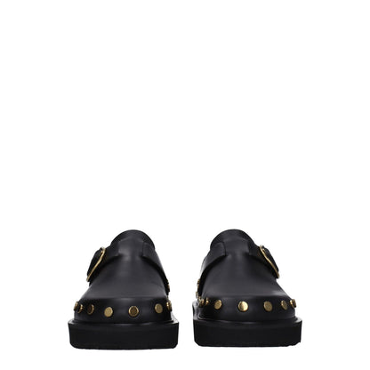 Isabel Marant Black Leather Slippers with gold studs, vintage design, buckle closure, rubber sole, and round toe. MPN: ML0009FAA3B19SBKGO.