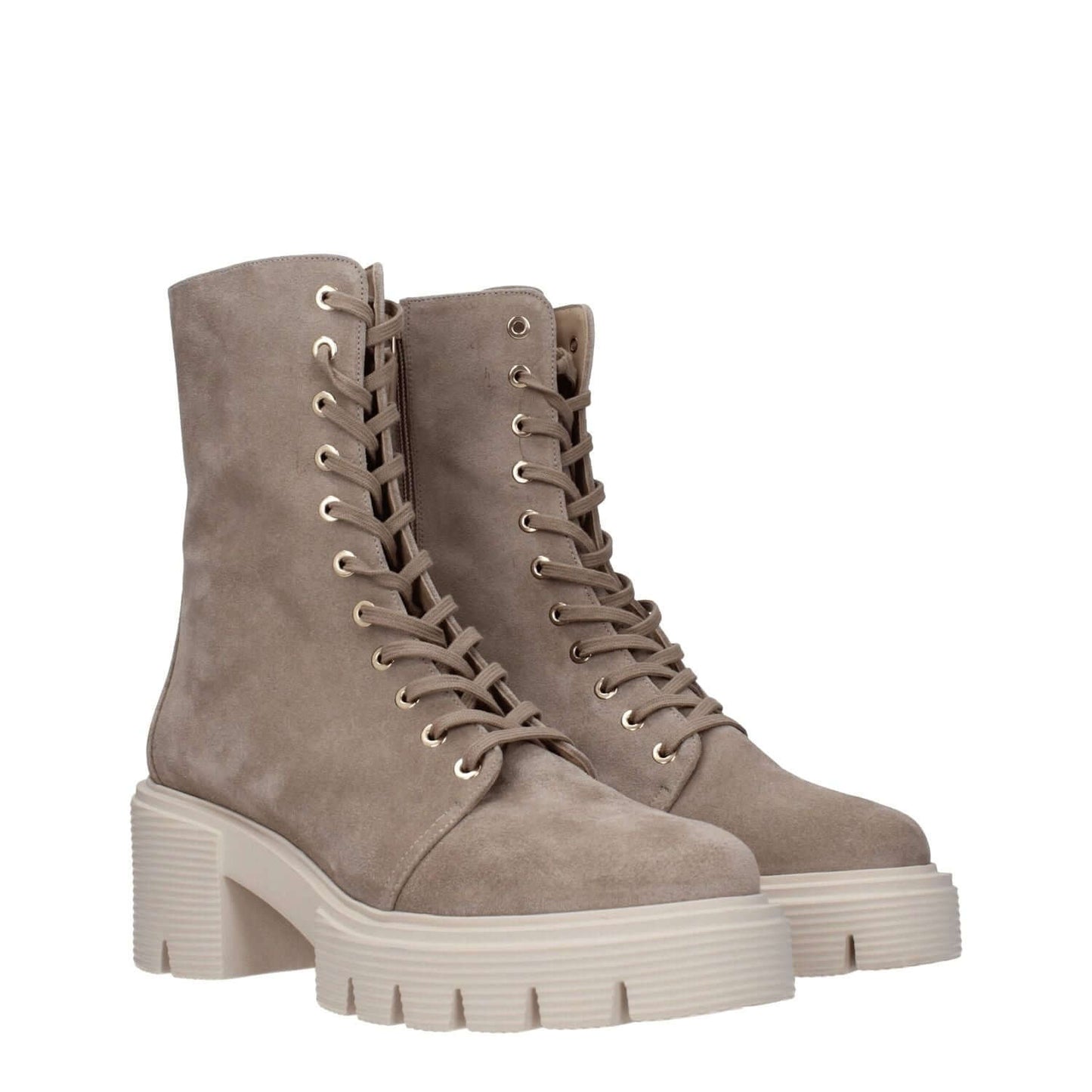 Stuart Weitzman Beige Leather Ankle Boots with lace-up closure, mid heels, and round toe in suede material.