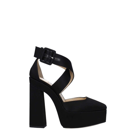 Jimmy Choo Black Satin Platform Sandals with buckle closure and high heel, featuring a square toe and leather sole, MPN GIAN140SATBLACK.