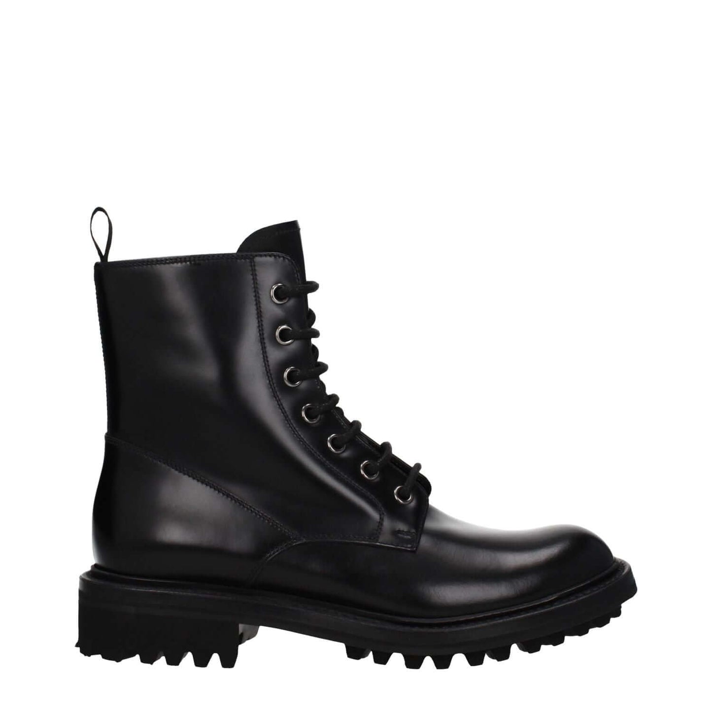 Church's Black Leather Ankle Boots with lace-up closure and vintage effect, featuring a low flat heel and rubber sole, casual style.