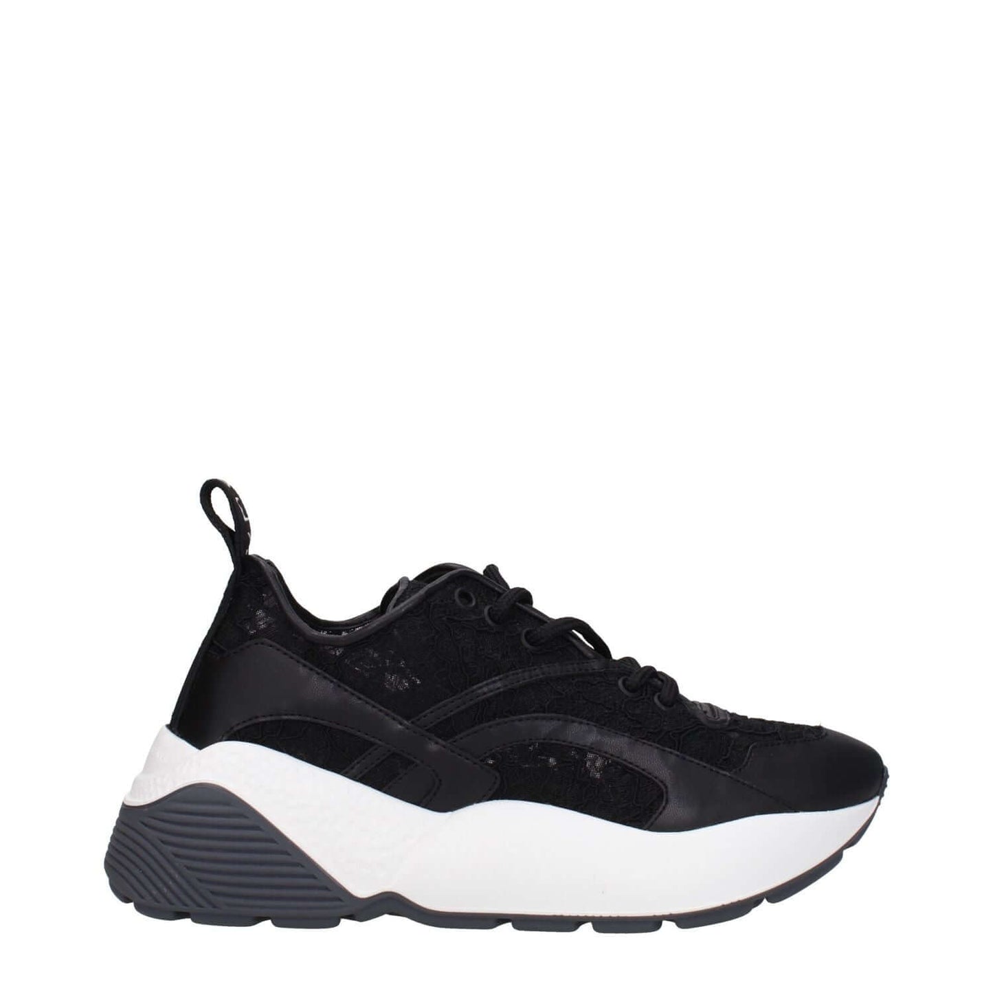 Stella McCartney Black Fabric Chunky Sneakers with lace-up closure, rubber sole, round toe, mid heels, and back logo detail.
