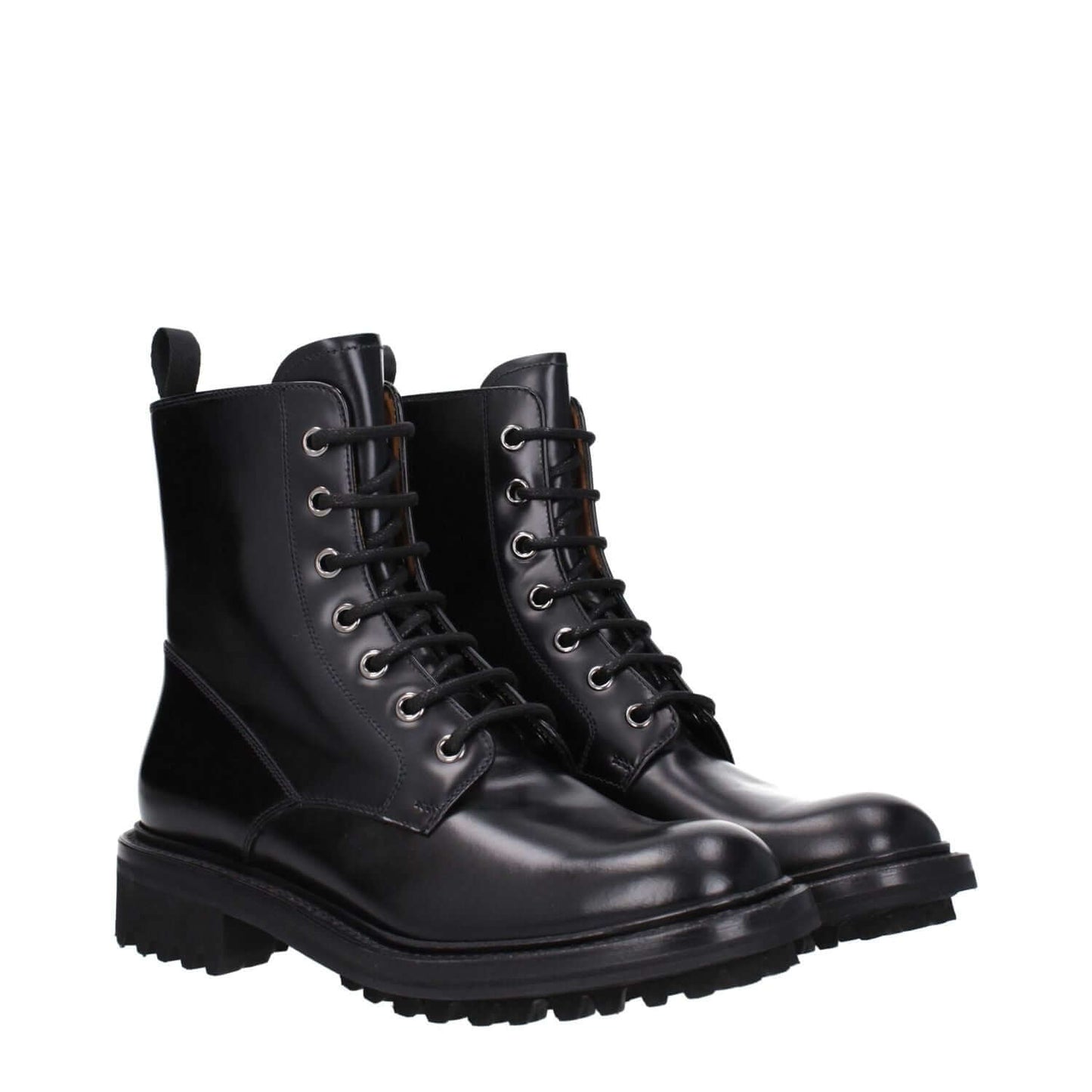 Church's Black Leather Ankle Boots with lace-up closure, vintage effect, and rubber sole.