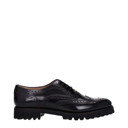 Church's Black Leather Oxfords And Derbies with lace-up, monkstrap design, vintage effect, rubber sole, round toe, and low flat heel.