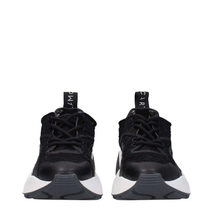 Stella McCartney Black Fabric Chunky Sneakers with lace-up closure, rubber sole, mid heels, back logo, and round toe design.