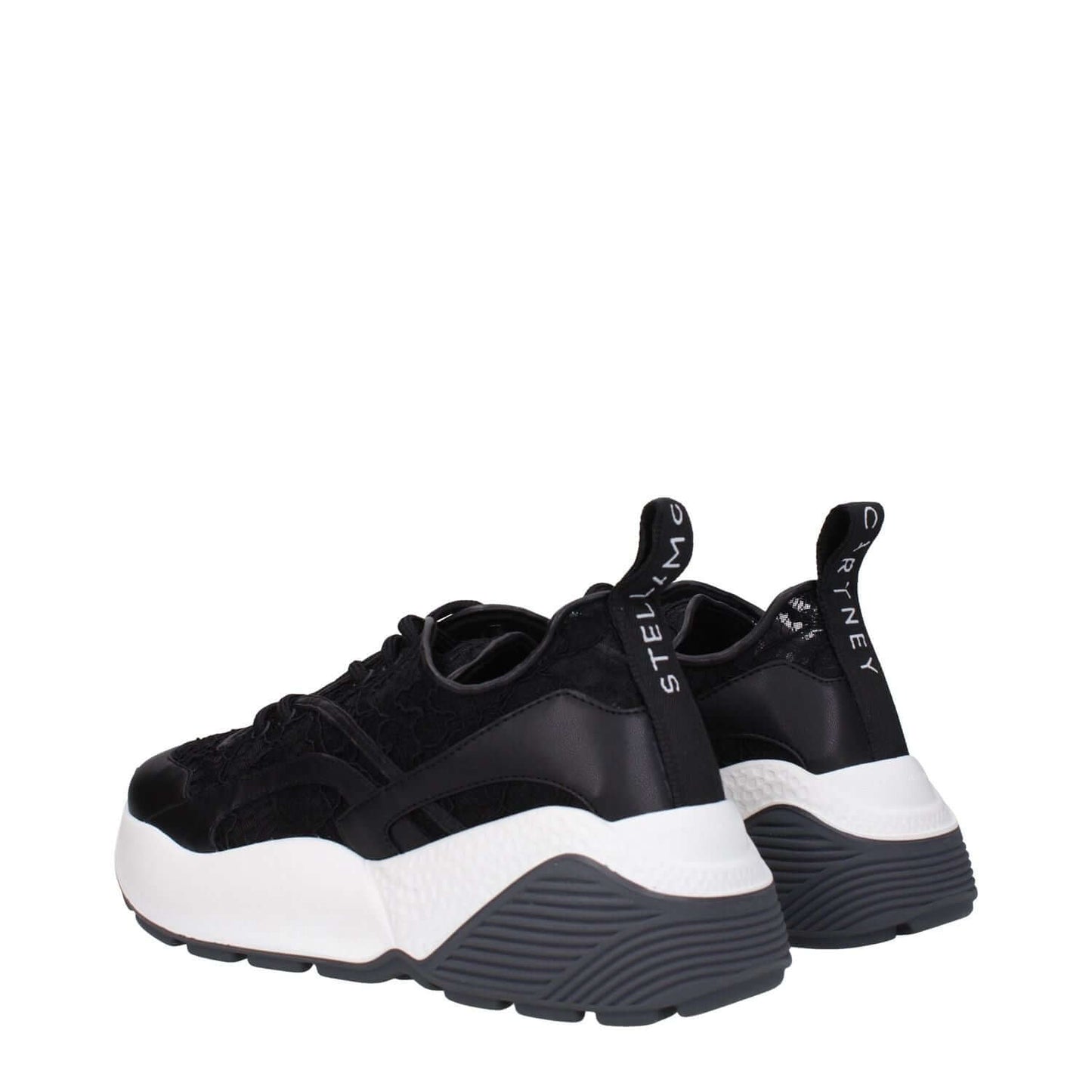 Stella McCartney Black Fabric Chunky Sneakers with logo at back, lace-up closure, rubber sole, mid heel, and round toe design.