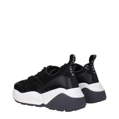 Stella McCartney Black Fabric Chunky Sneakers with logo at back, lace-up closure, rubber sole, mid heel, and round toe design.