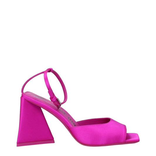 The Attico Pink Satin Stiletto Heel Sandals, featuring buckle closure and open toe design with an 8.5 cm mid heel in fuchsia satin.
