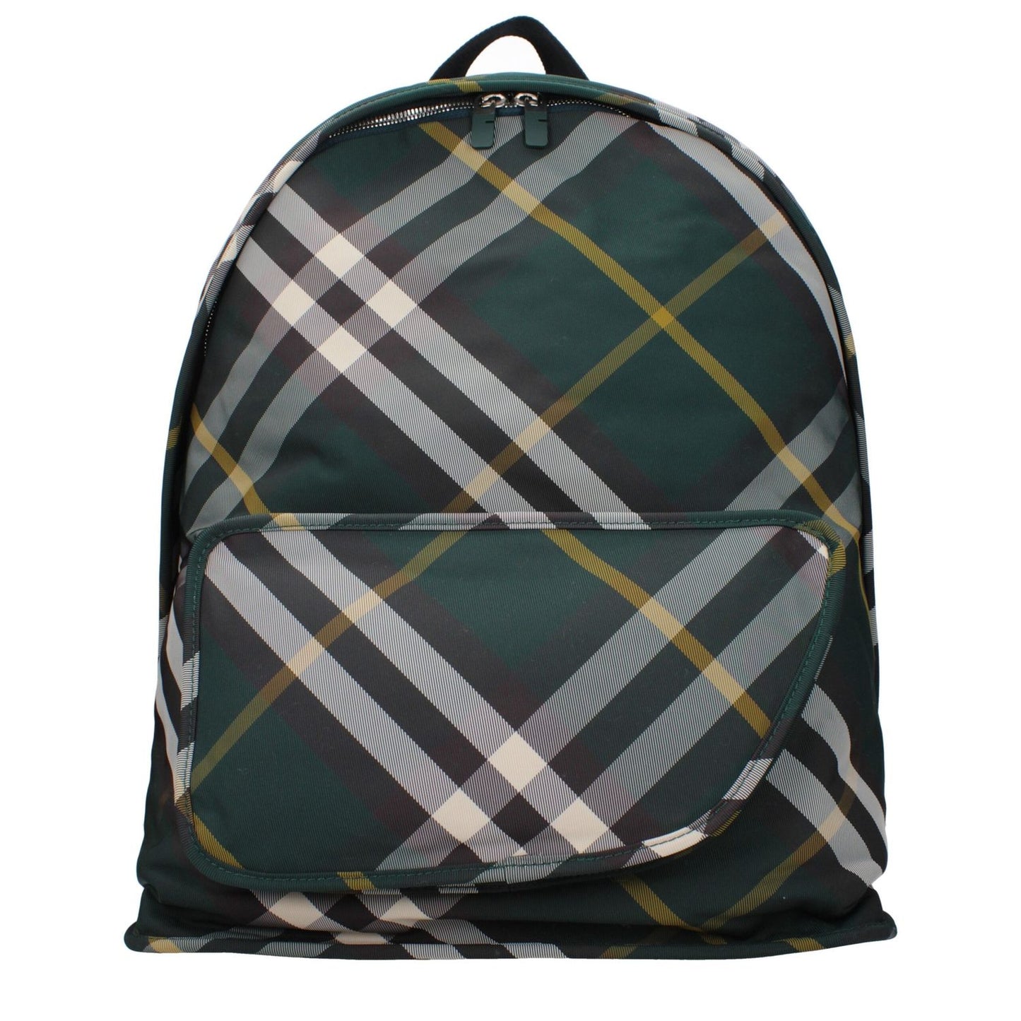 Burberry Green Fabric Large Backpack with adjustable straps, zip closure, and pockets, featuring a signature print pattern.