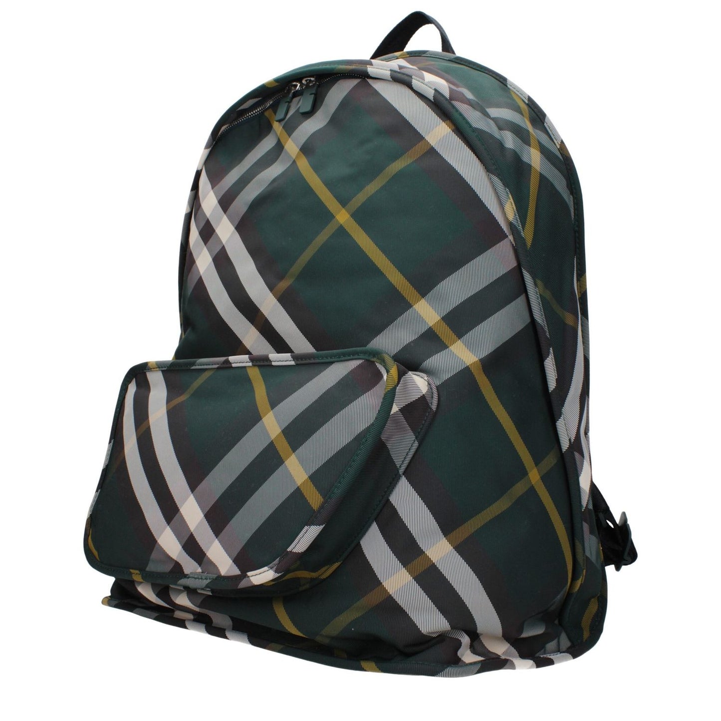 Burberry Green Fabric Large Backpack with plaid pattern and zip closure, featuring adjustable straps and spacious pockets.