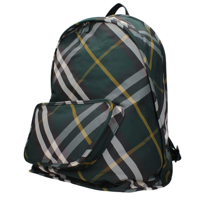 Burberry Green Fabric Large Backpack with plaid pattern and zip closure, featuring adjustable straps and spacious pockets.