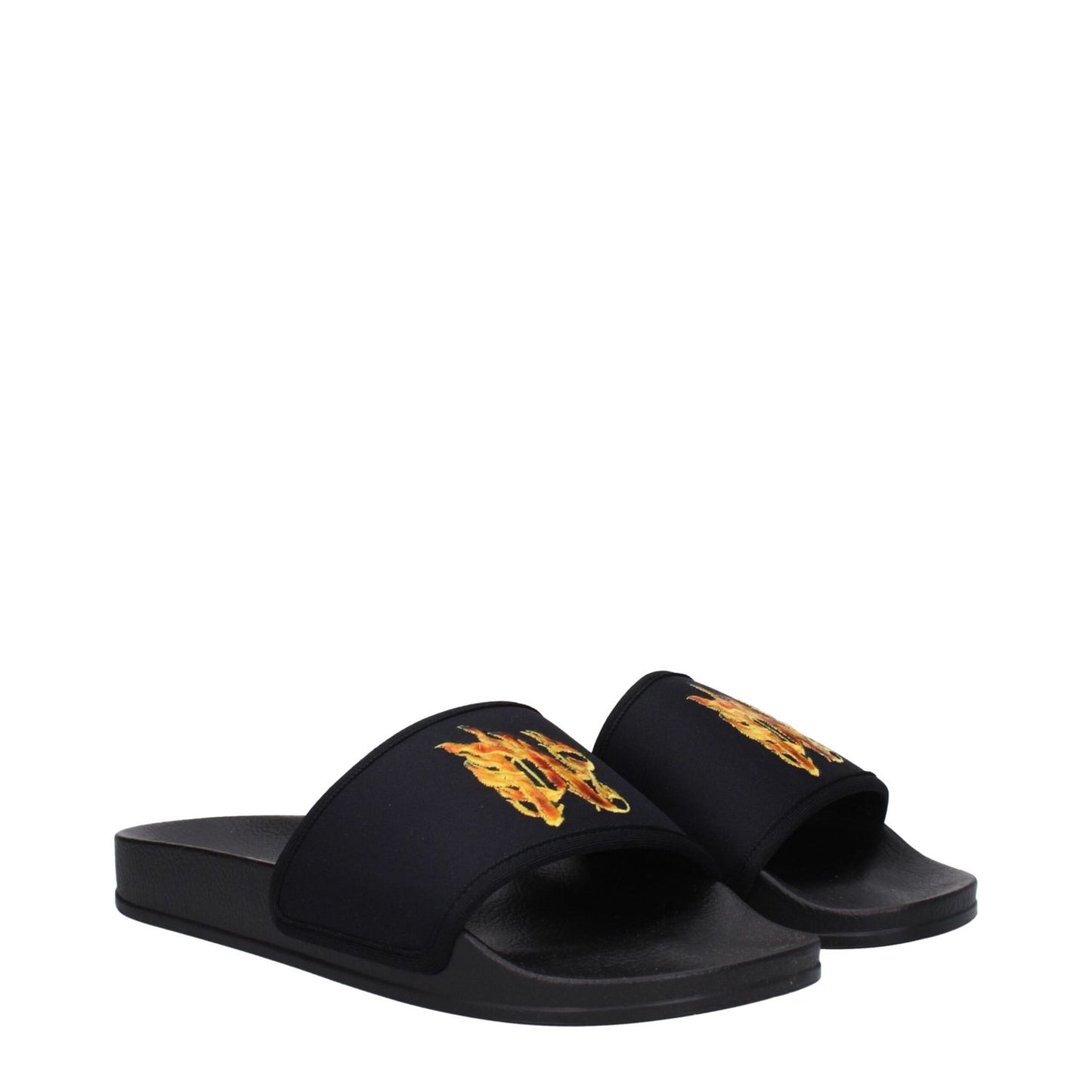 Palm Angels Black Fabric Slippers with front logo and open toe design, featuring a low flat rubber sole.