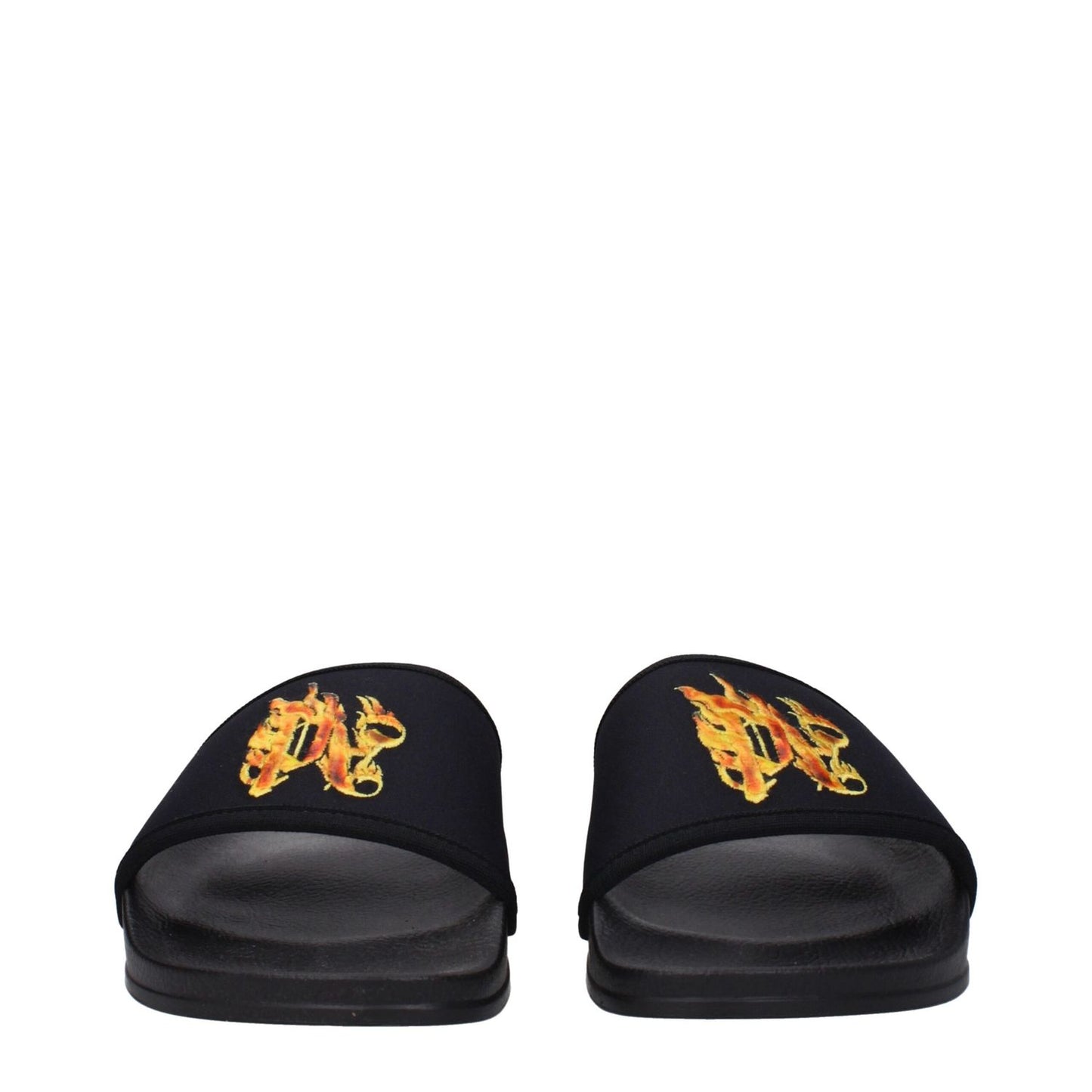 Palm Angels Black Fabric Slippers with front logo and rubber sole, featuring open toe and low, flat heel design.