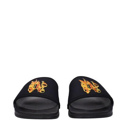Palm Angels Black Fabric Slippers with front logo and rubber sole, featuring open toe and low, flat heel design.