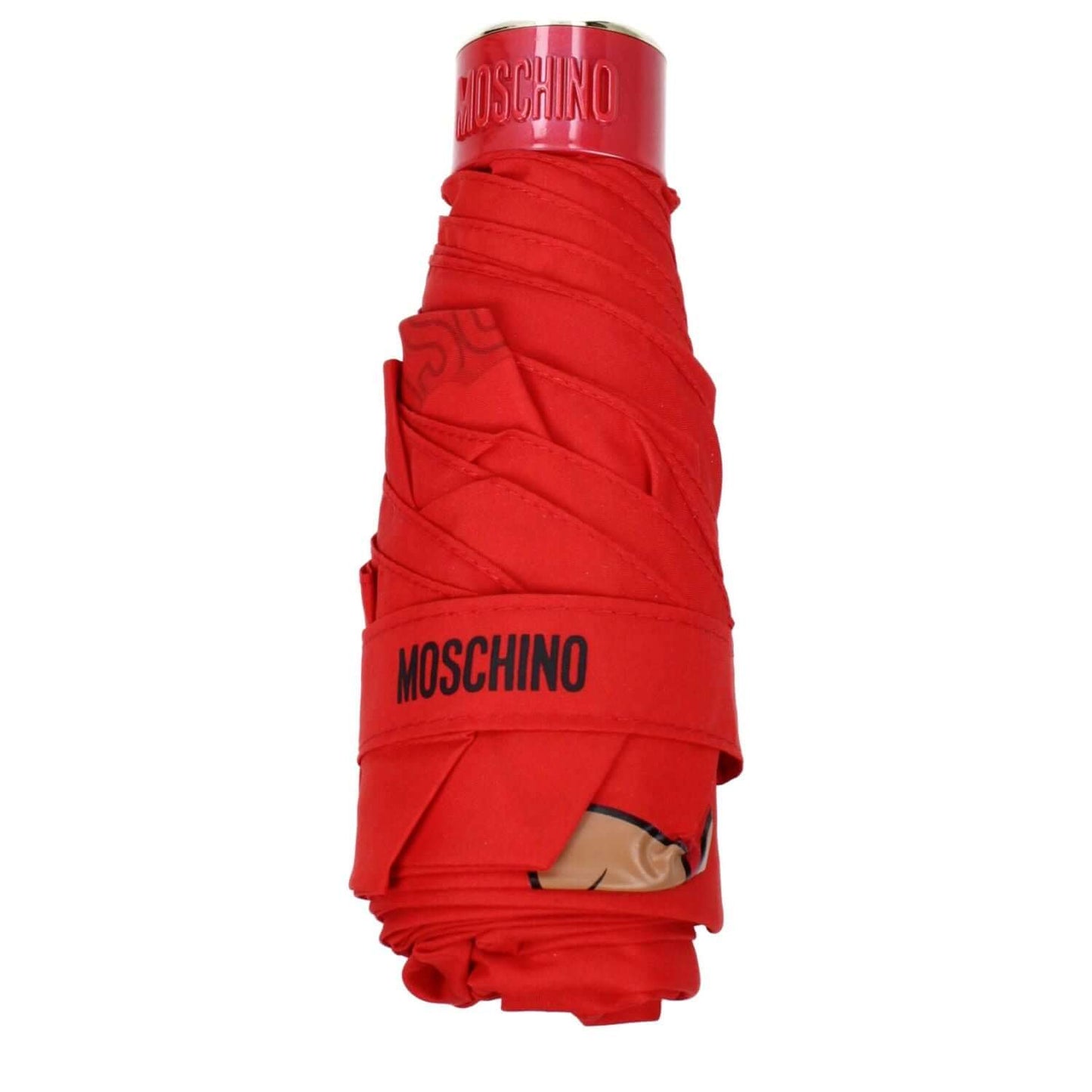 Alt Tag: Moschino Red Polyester Umbrella folded with logo, bright red design, casual style, and clip closure.