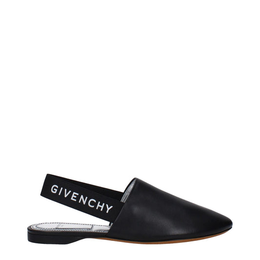 Givenchy Black Leather Mules with side and back logo, casual style, round toe, low flat heel. MPN BE2003E00H008, leather sole.
