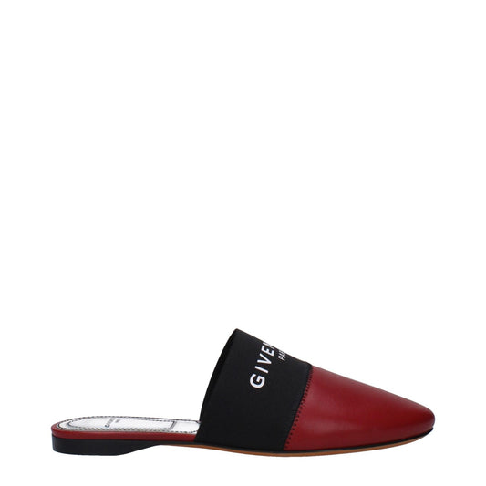 Alt Tag: Givenchy Red Leather Slippers with front logo, round toe, low flat heel, cherry accent, side view on white background