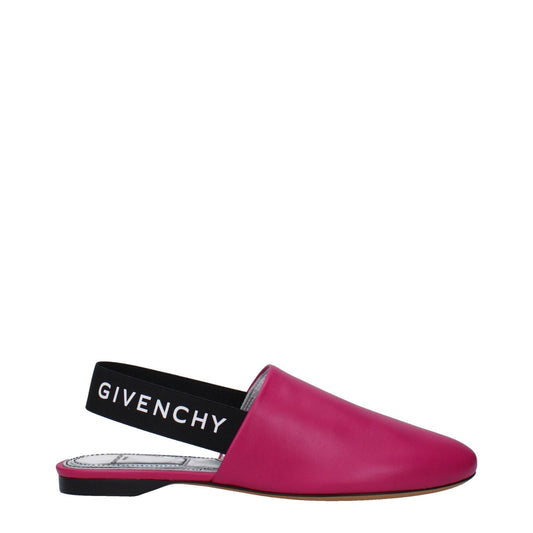 Givenchy Pink Leather Flat Sandals with side logo and black slingback, featuring round toe and low flat heel, casual style for women.