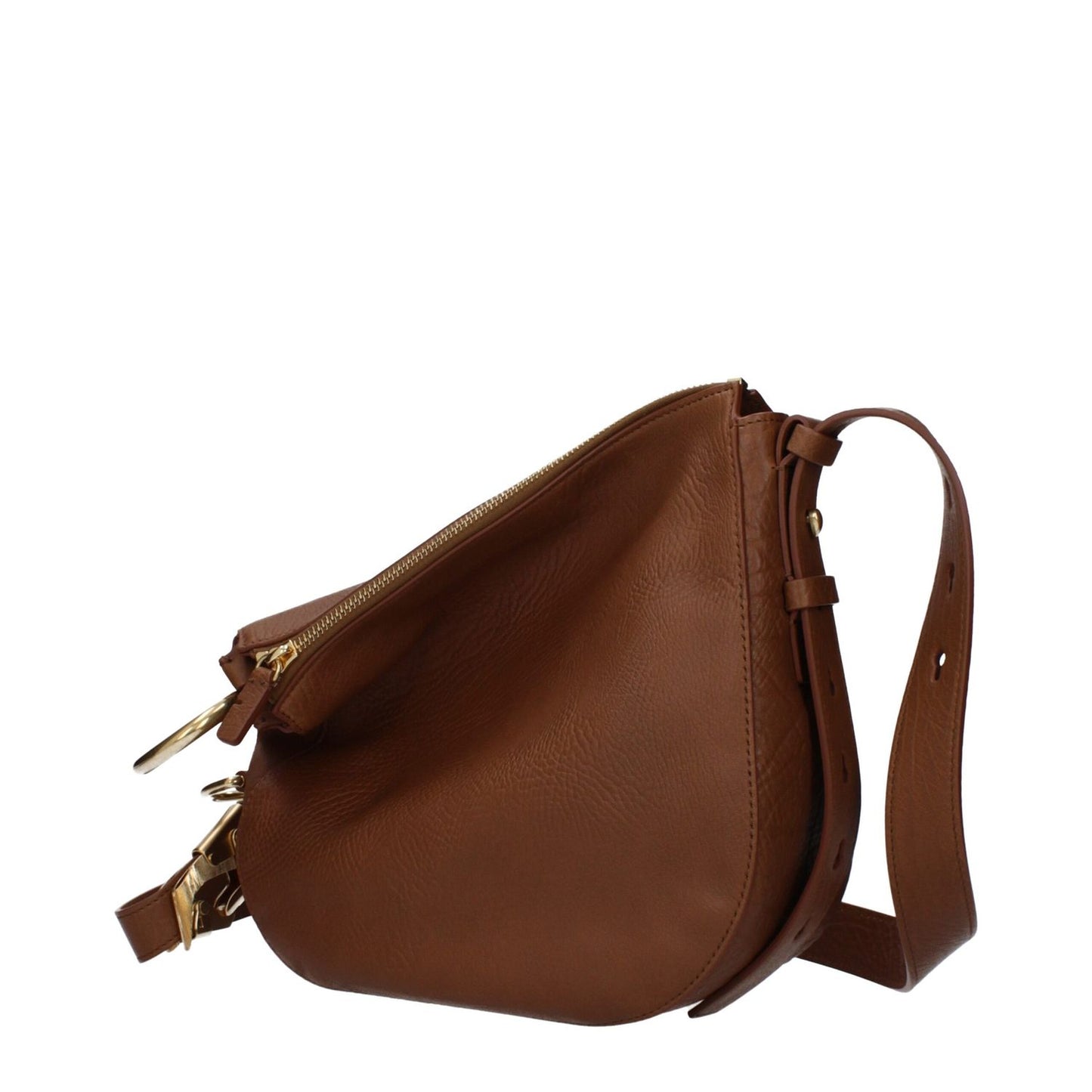Burberry Brown Leather Crossbody Bag with adjustable and removable shoulder strap, medium size, side view.