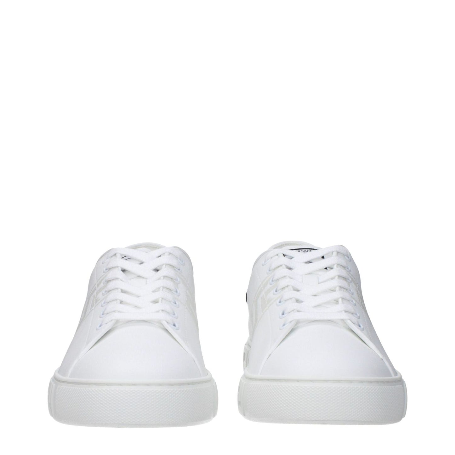 Front view of Versace White Leather Low Top Sneakers with lace-up closure and logo details.
