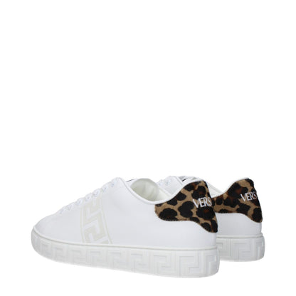Versace White Leather Low Top Sneakers with front, side, and back logos, leopard detail, lace-up closure, and rubber sole.