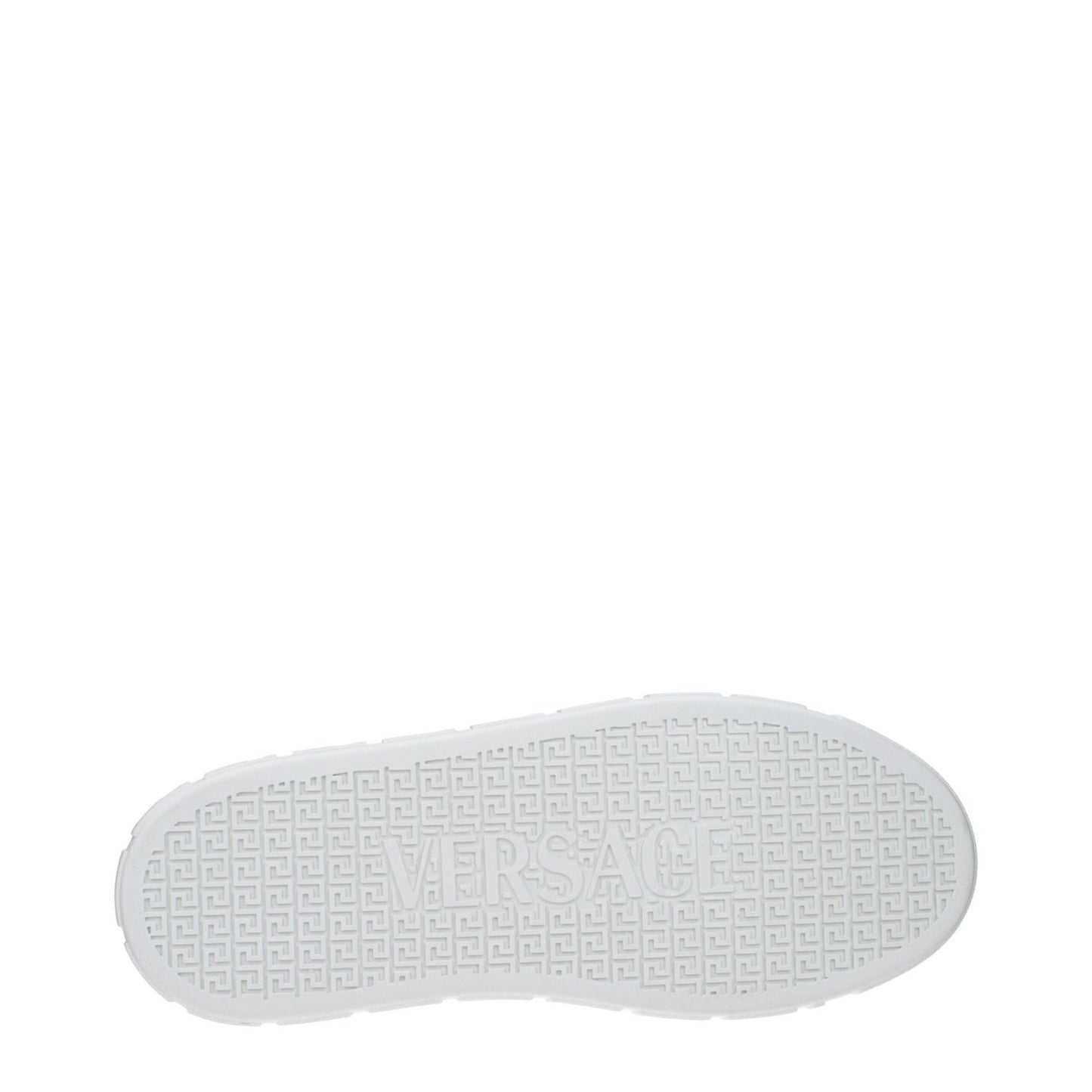 Sole view of Versace White Leather Low Top Sneakers featuring embossed logo on rubber sole.