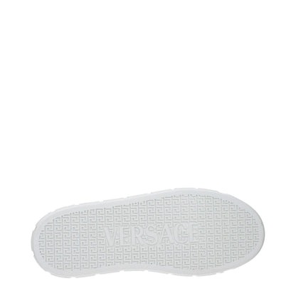 Sole view of Versace White Leather Low Top Sneakers featuring embossed logo on rubber sole.
