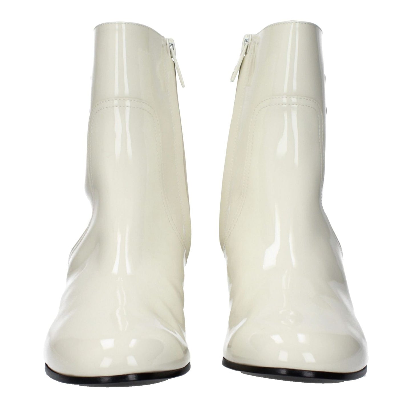 Celine Beige Leather Ankle Boots with zip closure, round toe, and mid heels, featuring a leather sole and side logo.
