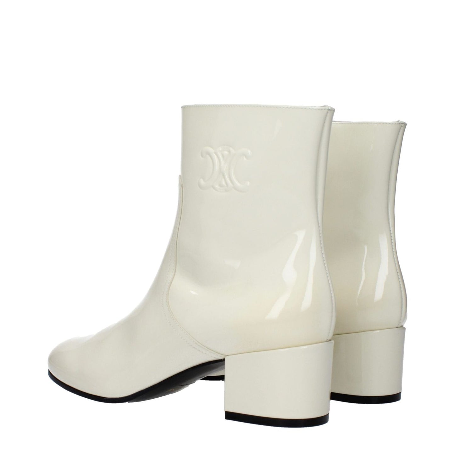 Celine Beige Leather Ankle Boots with side logos, mid heels, zip closure, and round toe design in patent leather.