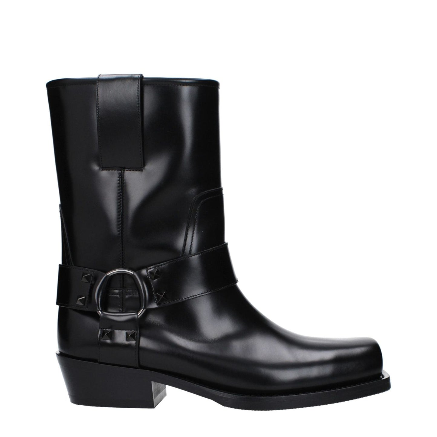 Alt Tag: Valentino Garavani Black Leather Ankle Boots with studs, featuring a square toe and mid heels.