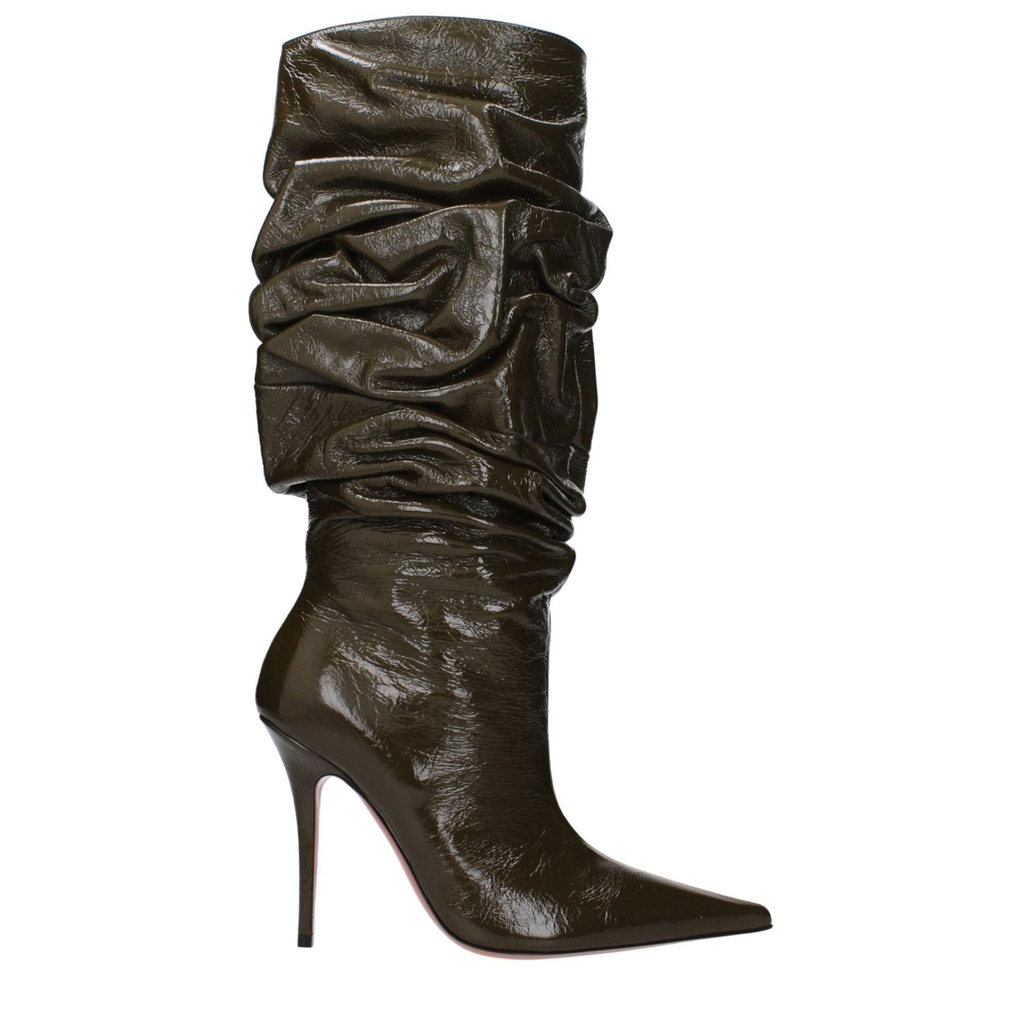 Amina Muaddi Green Leather High Heel Boots with pointy toe and vintage effect, featuring a 10.5 cm heel and leather sole.