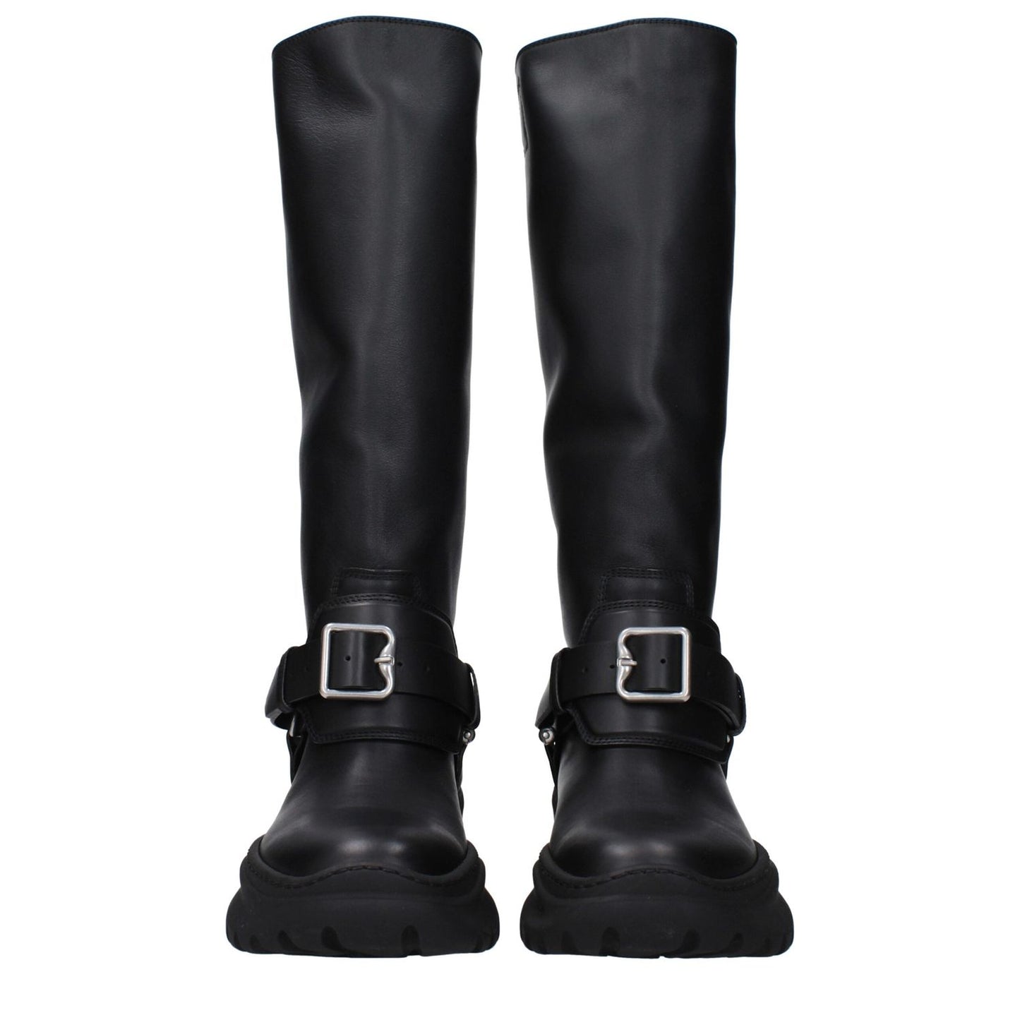 Burberry Black Leather Boots with silver front detail, vintage effect, rubber sole, mid heels, and round toe design.