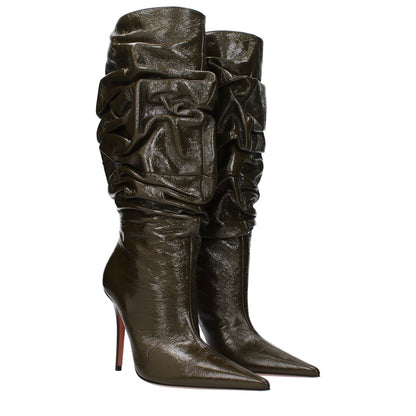 Amina Muaddi Green Leather High Heel Boots, aged vintage effect, 10.5 cm heel, pointy toe, designer footwear.
