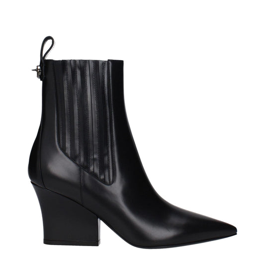 Valentino Garavani Black Leather Ankle Boots with mid heels and pointy toe, featuring a back logo and leather sole.
