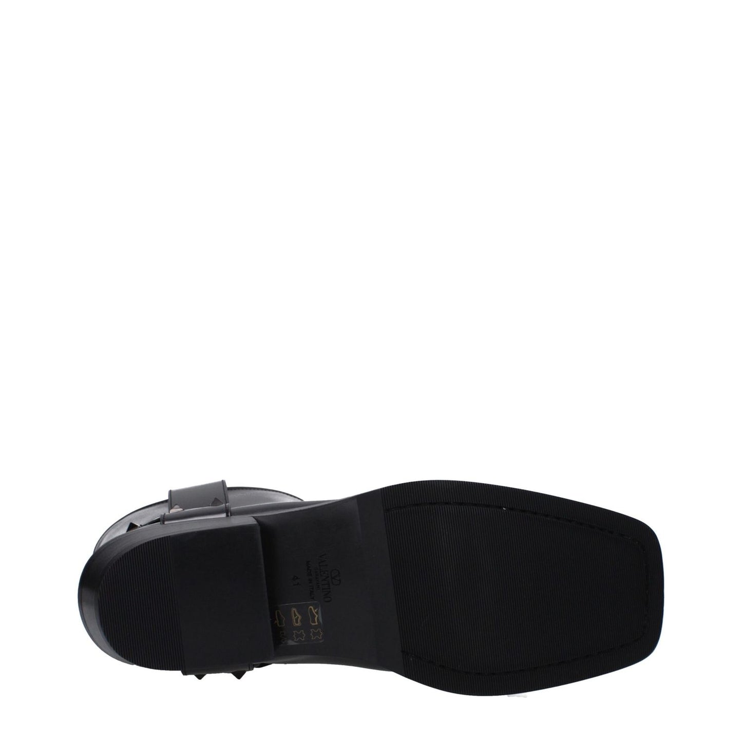 Sole view of Valentino Garavani Black Leather Ankle Boots with studs, square toe, mid heel, and leather sole.