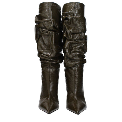 Amina Muaddi Green Leather High Heel Boots with aged, vintage effect and pointy toe design.