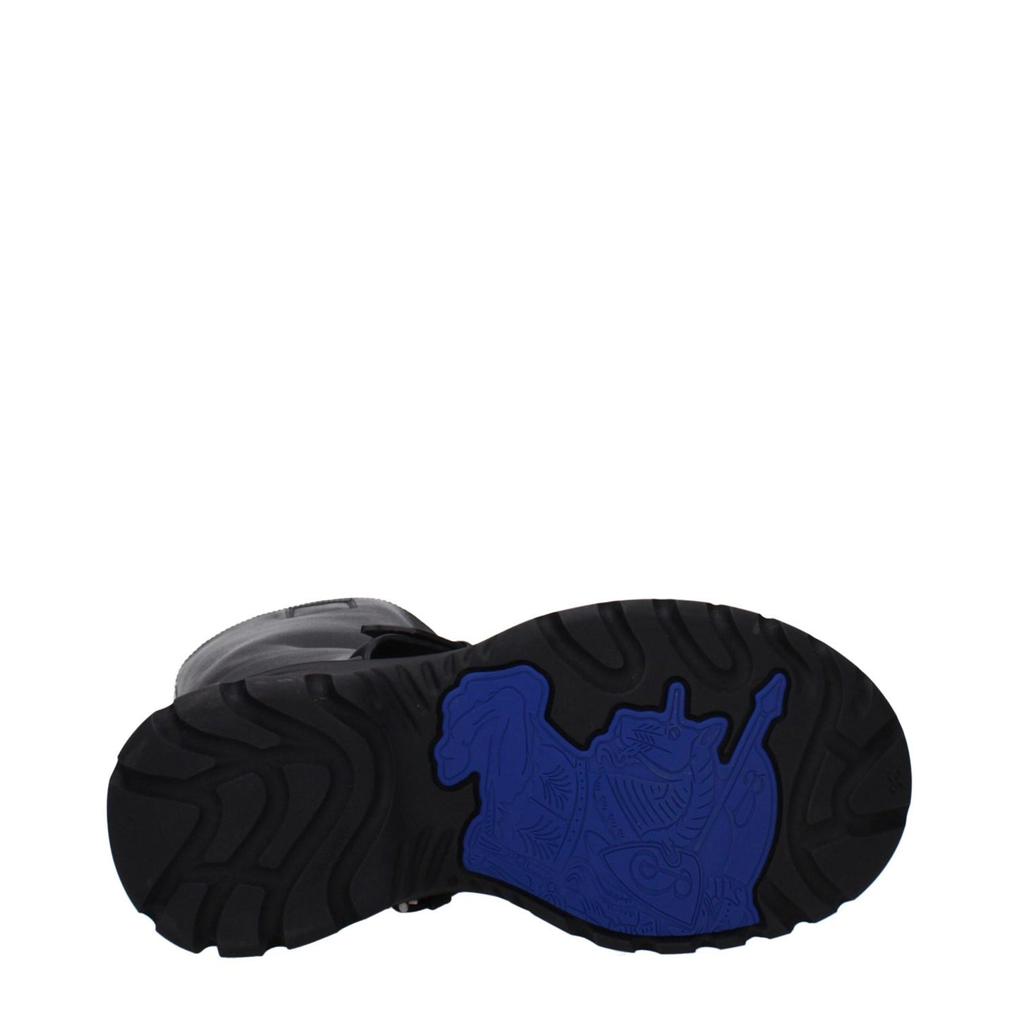 Sole view of Burberry Black Leather Boots with blue and black rubber design, round toe, mid heels for casual wear.
