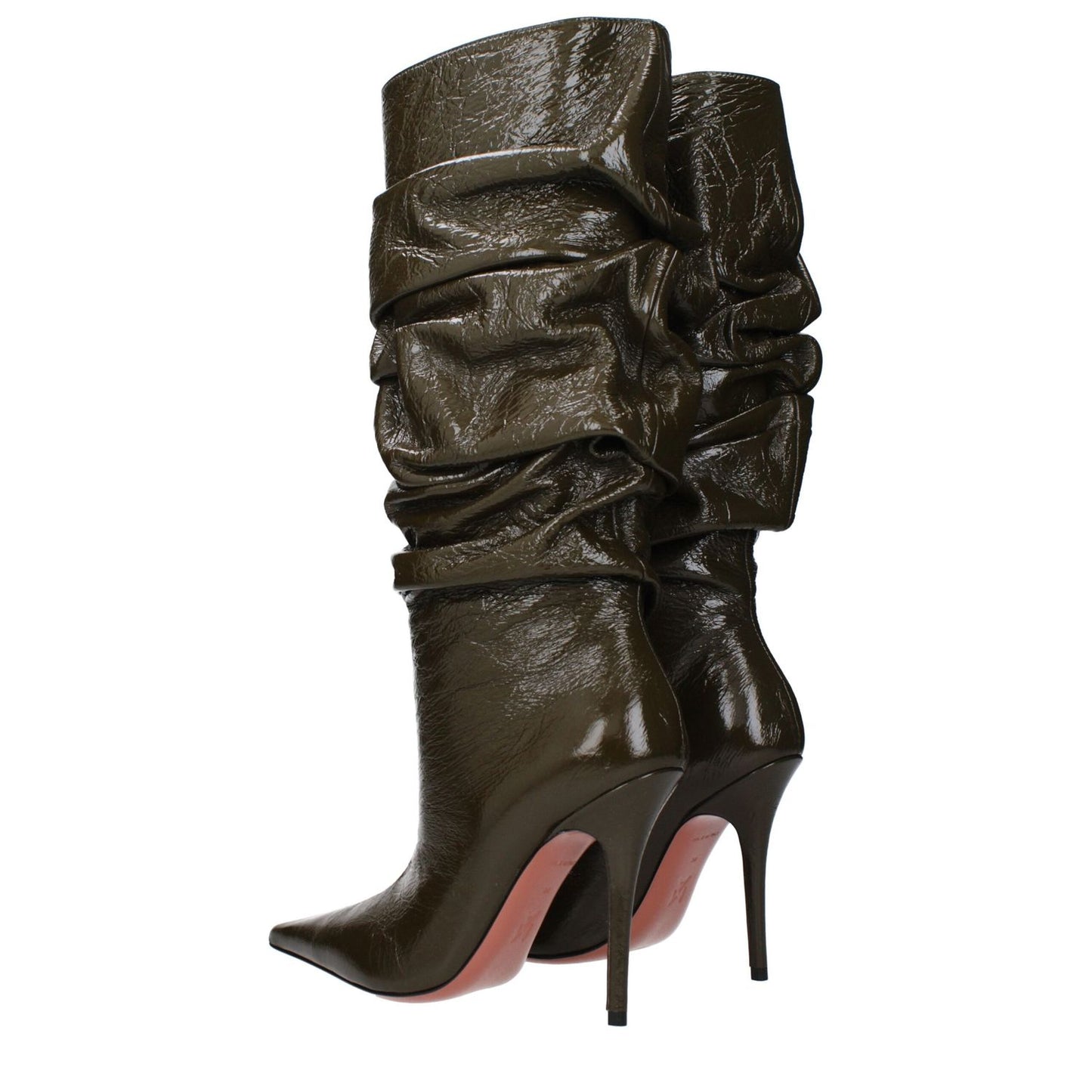 Amina Muaddi Green Leather High Heel Boots with pointy toe and vintage effect, featuring 10.5 cm heel height.