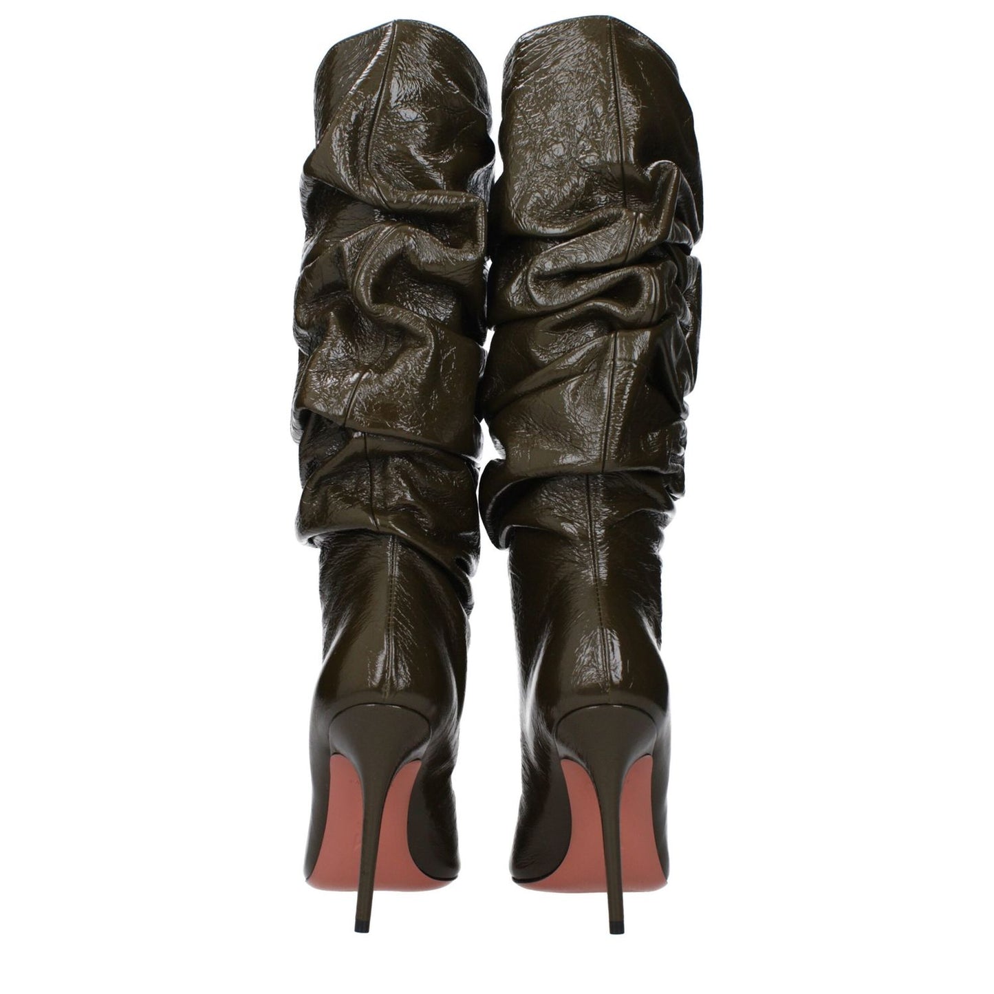 Amina Muaddi Green Leather High Heel Boots with aged and vintage effect, featuring pointy toe and high heel, back view.