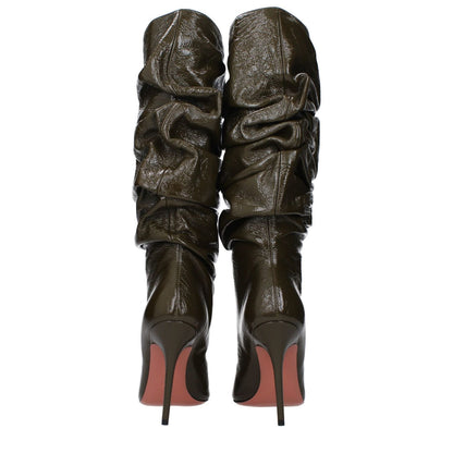 Amina Muaddi Green Leather High Heel Boots with aged and vintage effect, featuring pointy toe and high heel, back view.