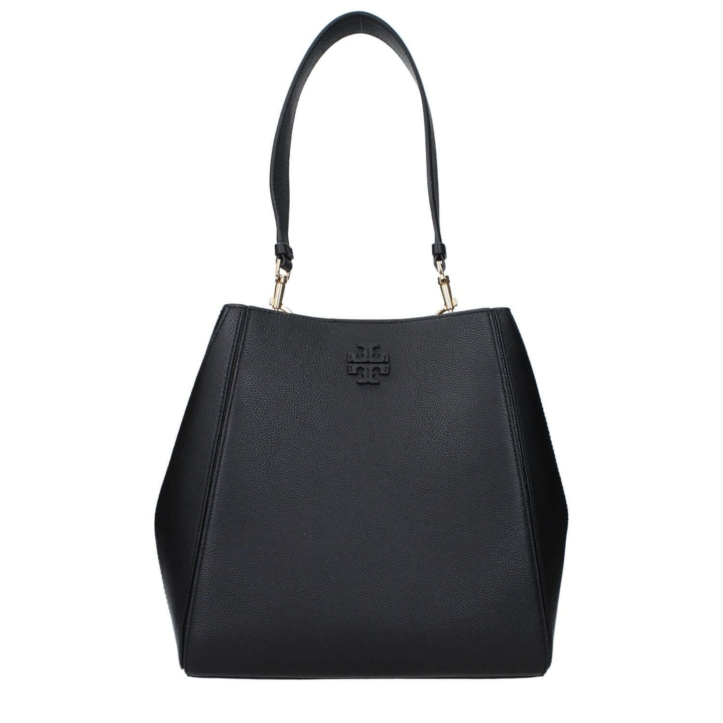 Tory Burch Black Leather Shoulder Bag with front logo and adjustable strap, small casual design with hook closure.