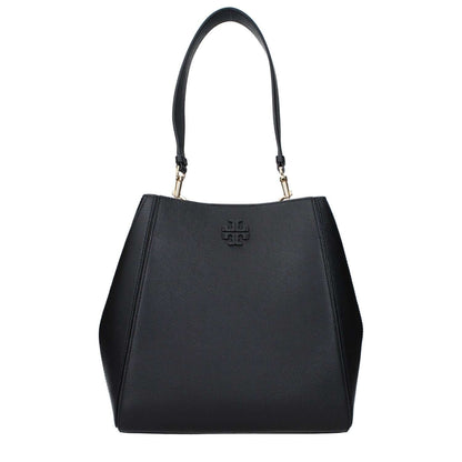 Tory Burch Black Leather Shoulder Bag with front logo and adjustable strap, small casual design with hook closure.
