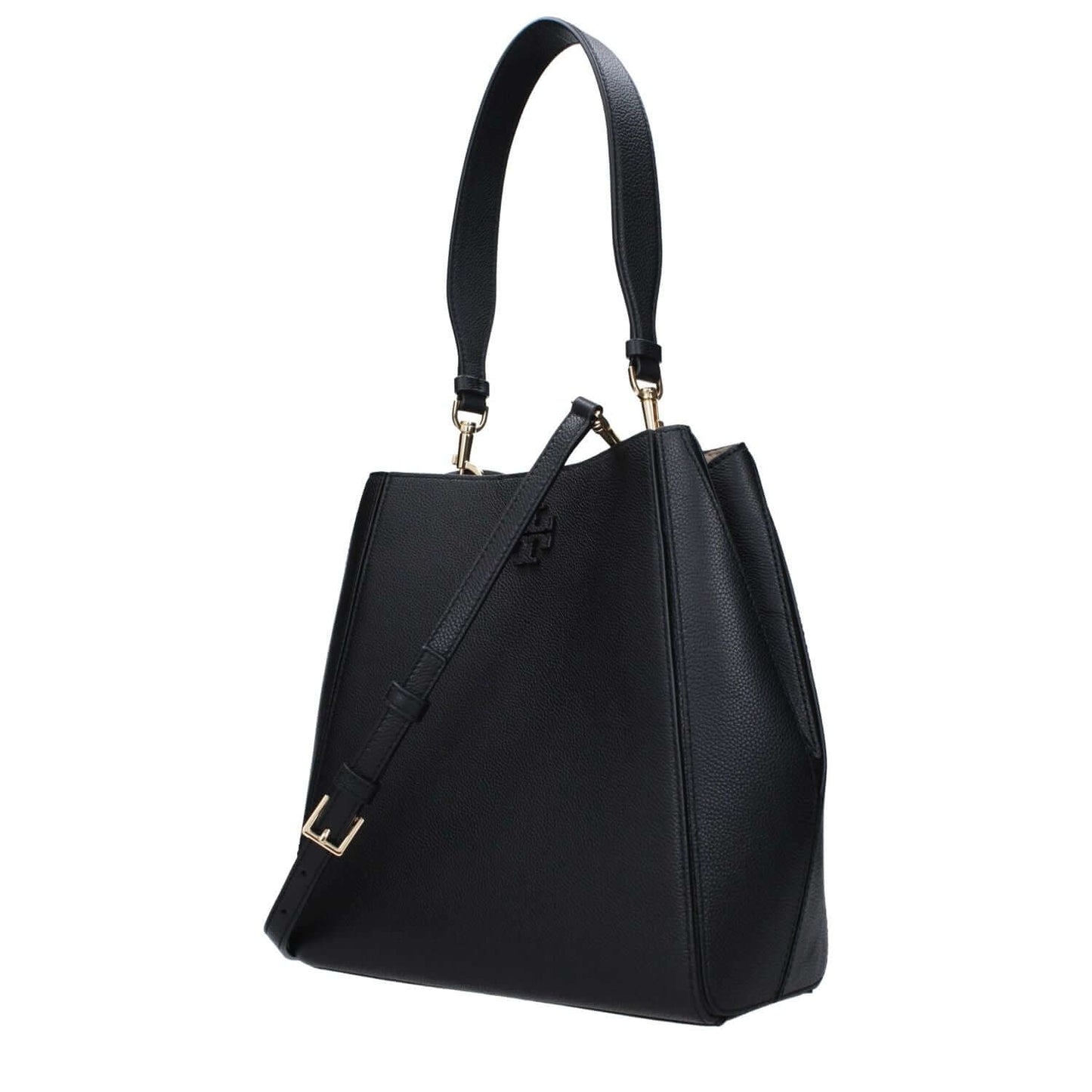 Tory Burch Black Leather Shoulder Bag with adjustable strap and hook closure, small casual style.