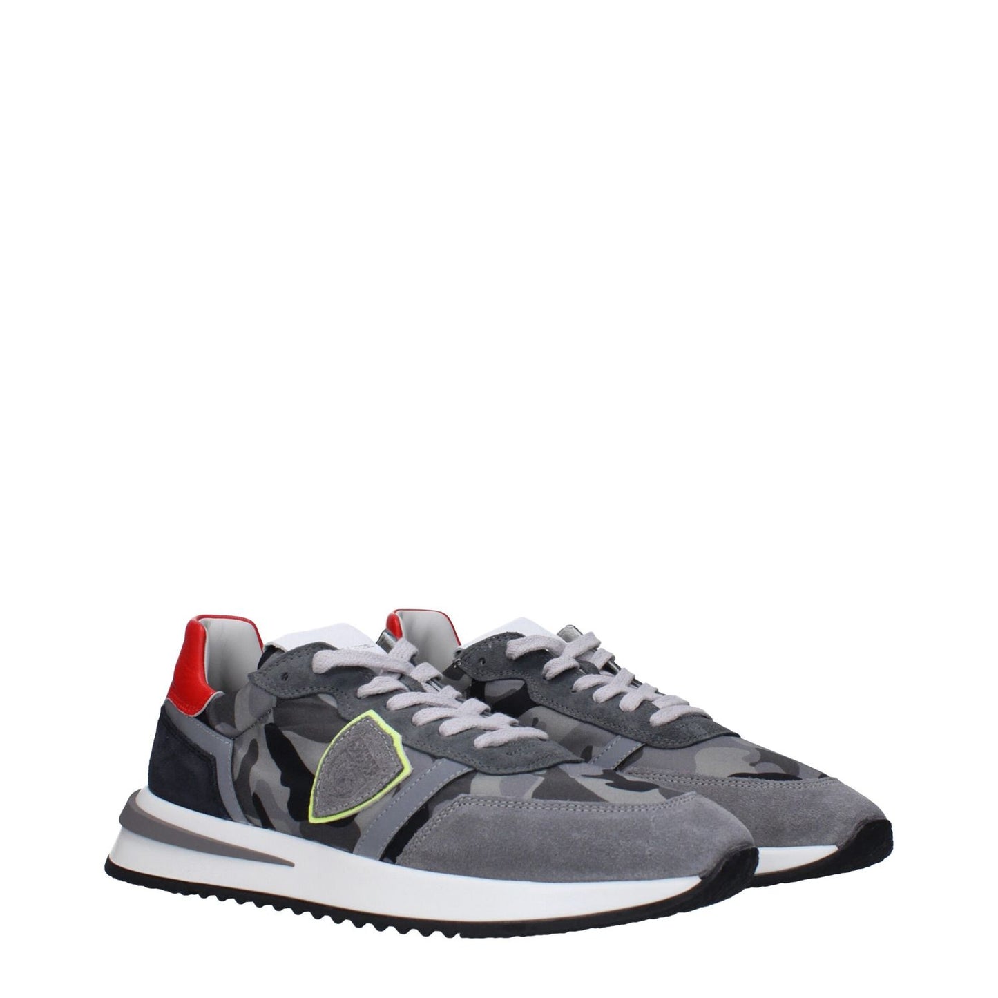 Philippe Model Gray Fabric Sneakers with front logo, back logo, and side detail.