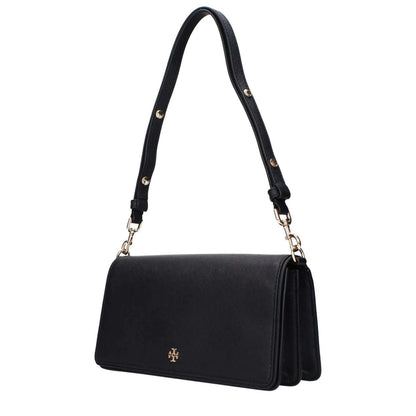 Tory Burch Black Leather Shoulder Bag with front logo, divider inner pocket, adjustable and removable handle, MPN 157617001, code F83370.