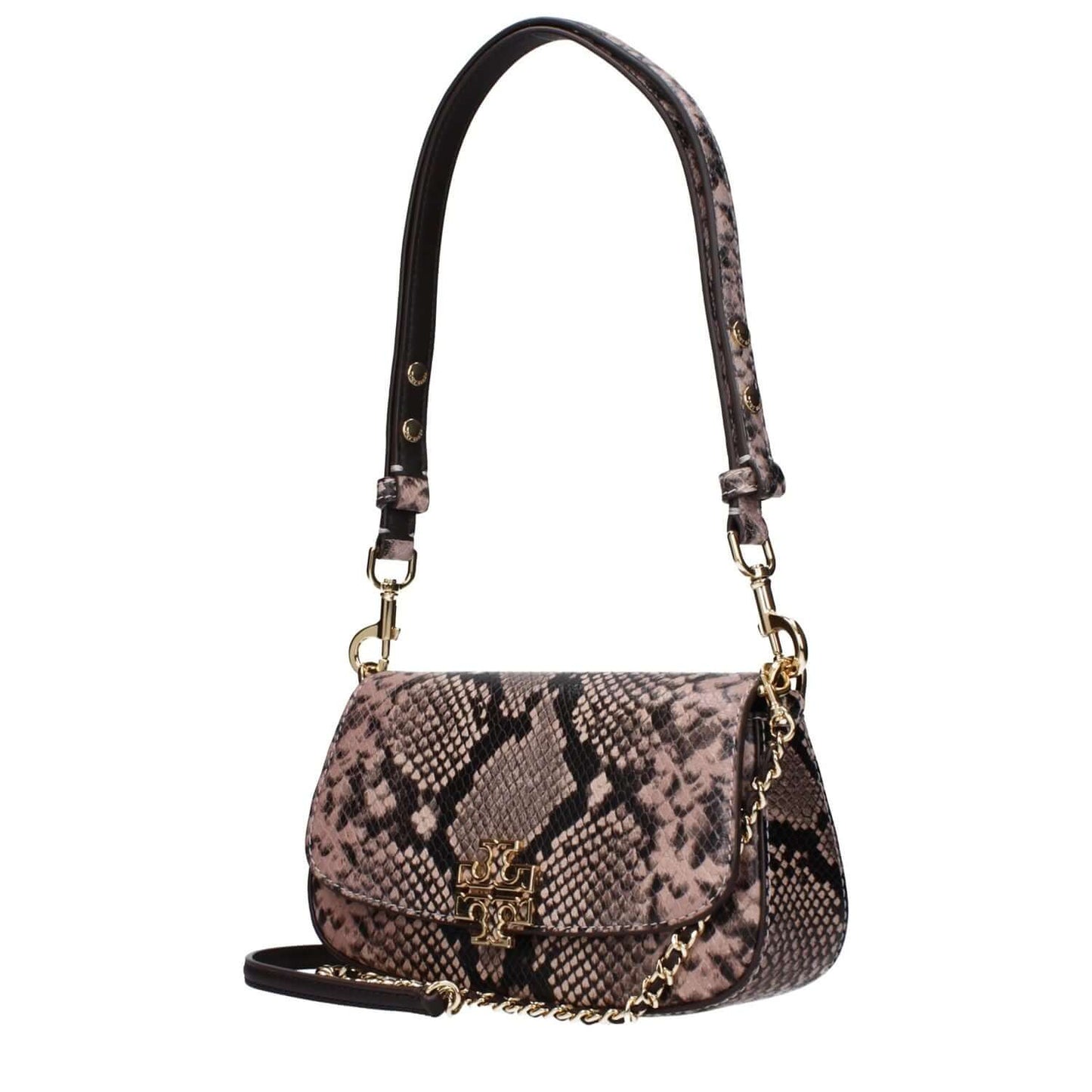 Tory Burch Pink Leather Shoulder Bag with front logo, adjustable and removable handles, showcasing a chic design.
