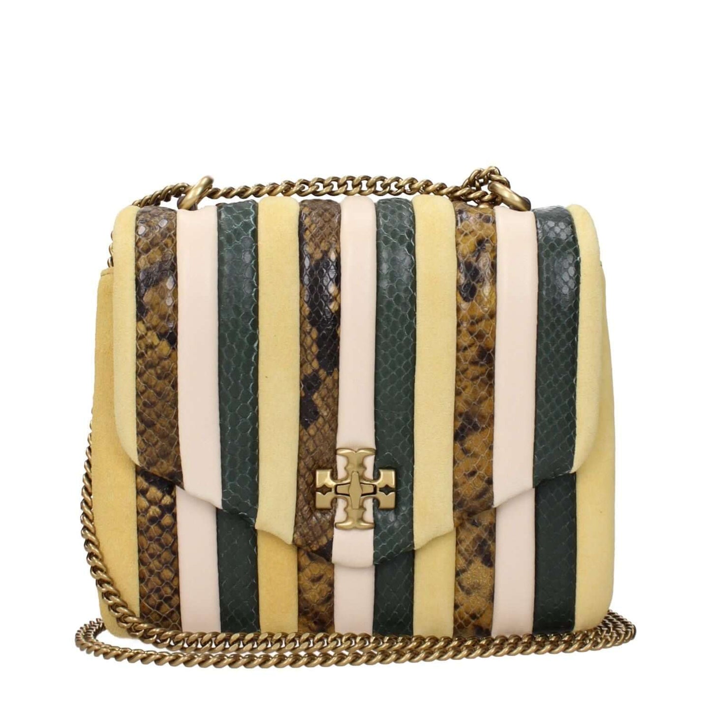 Tory Burch Yellow Leather Shoulder Bag with front logo, vintage effect detailing, and chain strap, styled in a striped pattern.