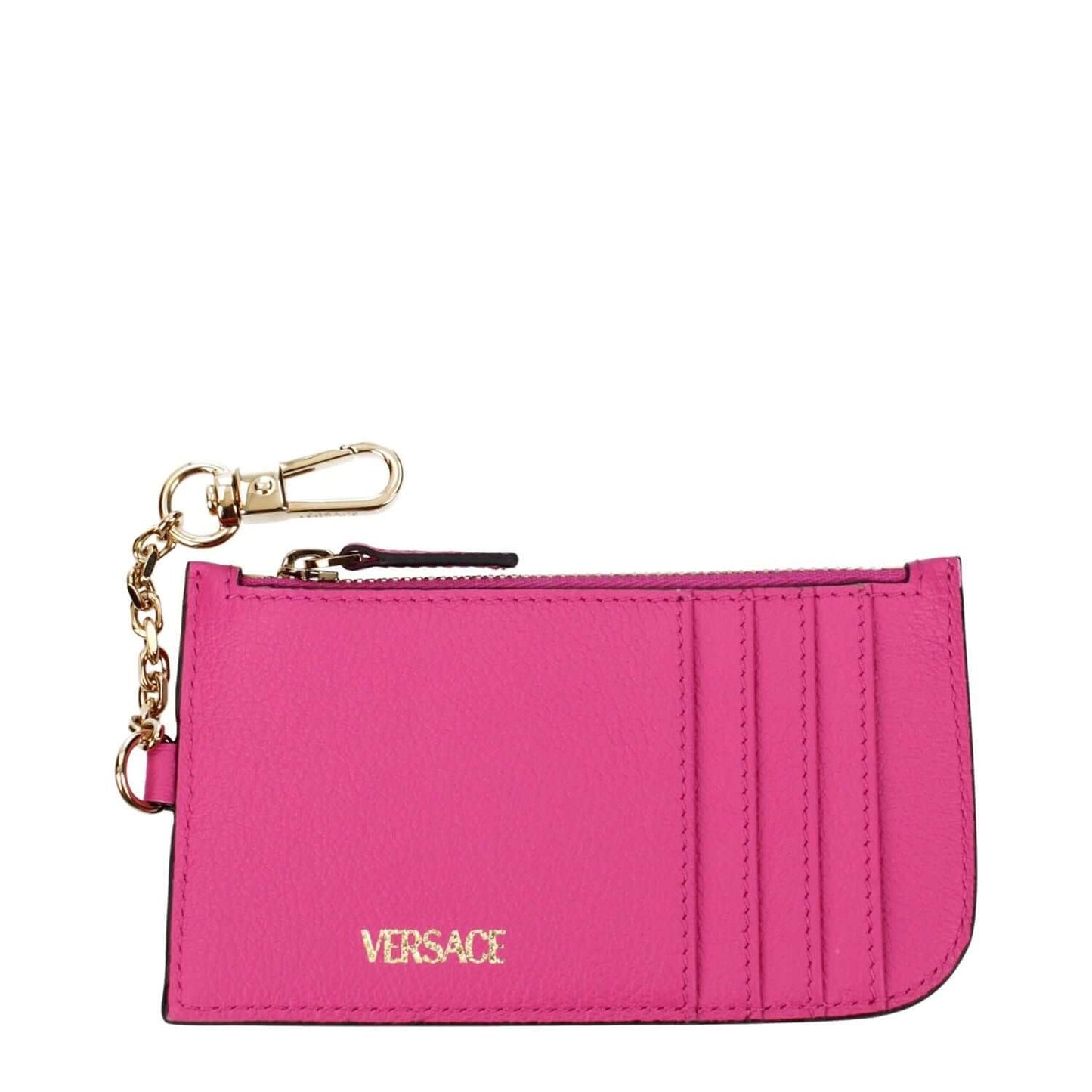 Versace Pink Leather Wallet with back logo, coin purse design, and gold clasp, MPN 1008104DVIT2T1P86V, product code F83455 fuchsia.