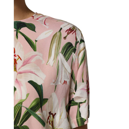 Dolce & Gabbana Pink Lily Printed Round Neck Blouse Top