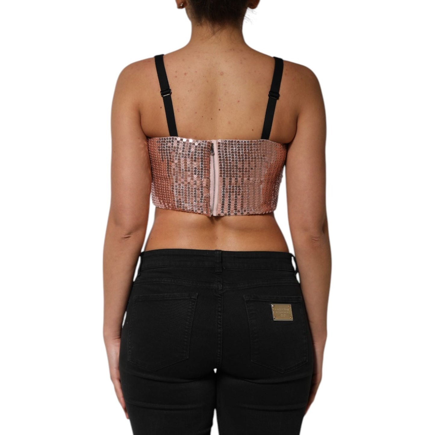 Dolce & Gabbana Pink Sequined Nylon Sleeveless Cropped Top