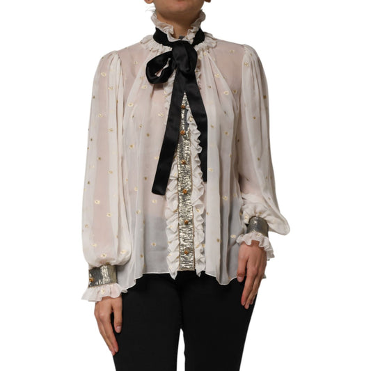 Dolce & Gabbana White Black Silk Long Sleeve Ascot Collar Top